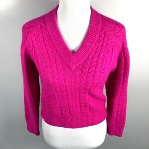 DKNY Jeans Women's Size XXS Neon Pink V-Neck Cable-Knit Cropped Sweater Festival